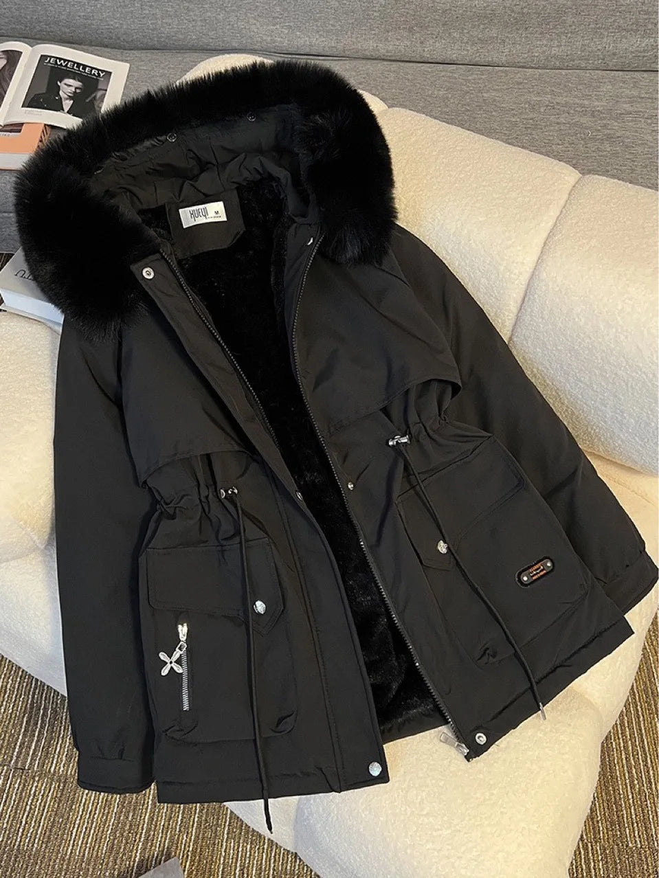 Women Big Fur collar Loose Parka Jacket Lady Medium Long Styles Down Cotton Outwear Winter Female Hooded Cotton Padded Coat
