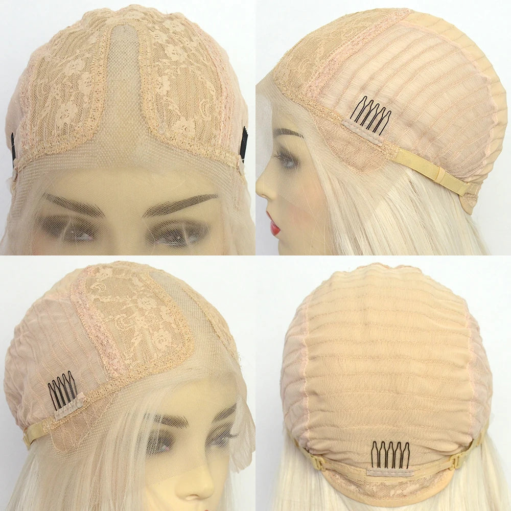 Voguequeen Platinum Blonde Synthetic Lace Front Wigs Silky Straight Heat Resistant Fiber Daily Wear For Women