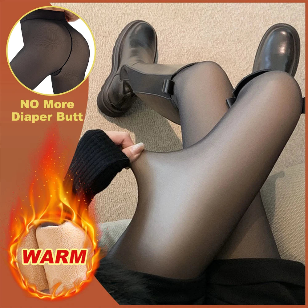 New Women Fleece Lined Black Tights Sheer Fake Translucent Warm Winter Pantyhose Leggings Outfit Thick Tights Invisible Crotch