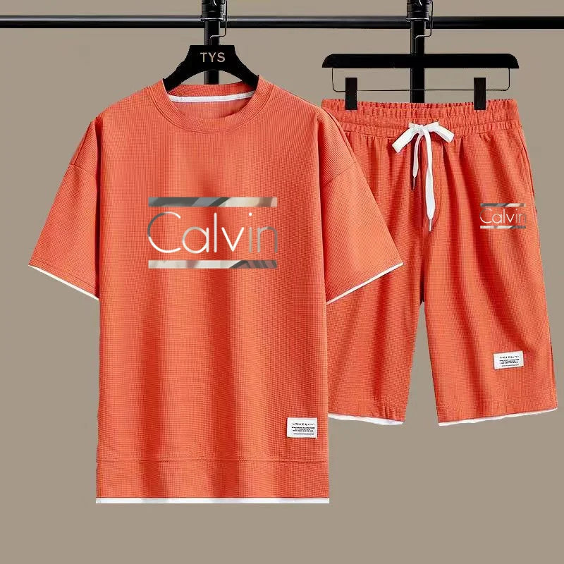 High Quality Men's Korea Comfortable and Summer  Fashion Print Sports Suit Fitness Jogging Daily Casual Wear Beach Shorts Set