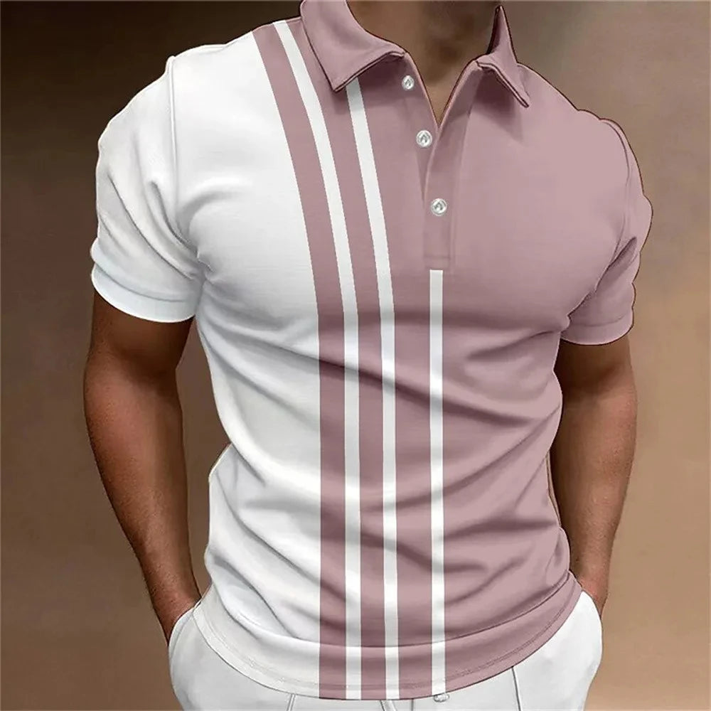 Men's Button Polo Shirt Collar Short-sleeved Pullover Sports Summer Casual Button Striped Collar Trend T-shirt Tops