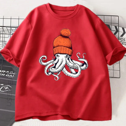 Octopus Orange Baseball Cap Cotton T-shirt - Japanese Style Pattern T-shirt - Casual Cotton Short-sleeved Round-neck T-shirt