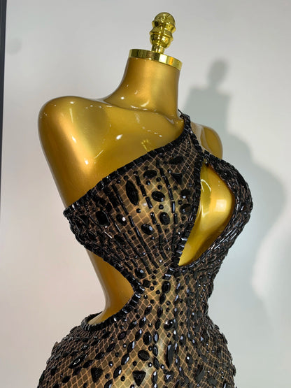 Sexy Sparkly Diamond Backless Short Dress 2025 Women Sleeveless Mesh See Through Evening Birthday Gown Singer Stage Outfit