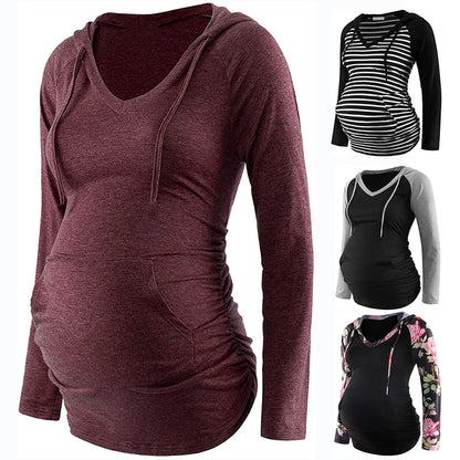 Women Maternity Hoodies Striped Print Long Sleeve V-neck Hoodie Sweatshirts Top Mom Pregnant Nursing Autumn And Winter Clothes