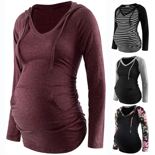 Women Maternity Hoodies Striped Print Long Sleeve V-neck Hoodie Sweatshirts Top Mom Pregnant Nursing Autumn And Winter Clothes
