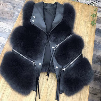 Autumn Winter Splicing Imitation Fox Fur Grass Vest Women Short Jacket 2025New Fashion Versatile Sleeveless Lady Waistcoat Coat