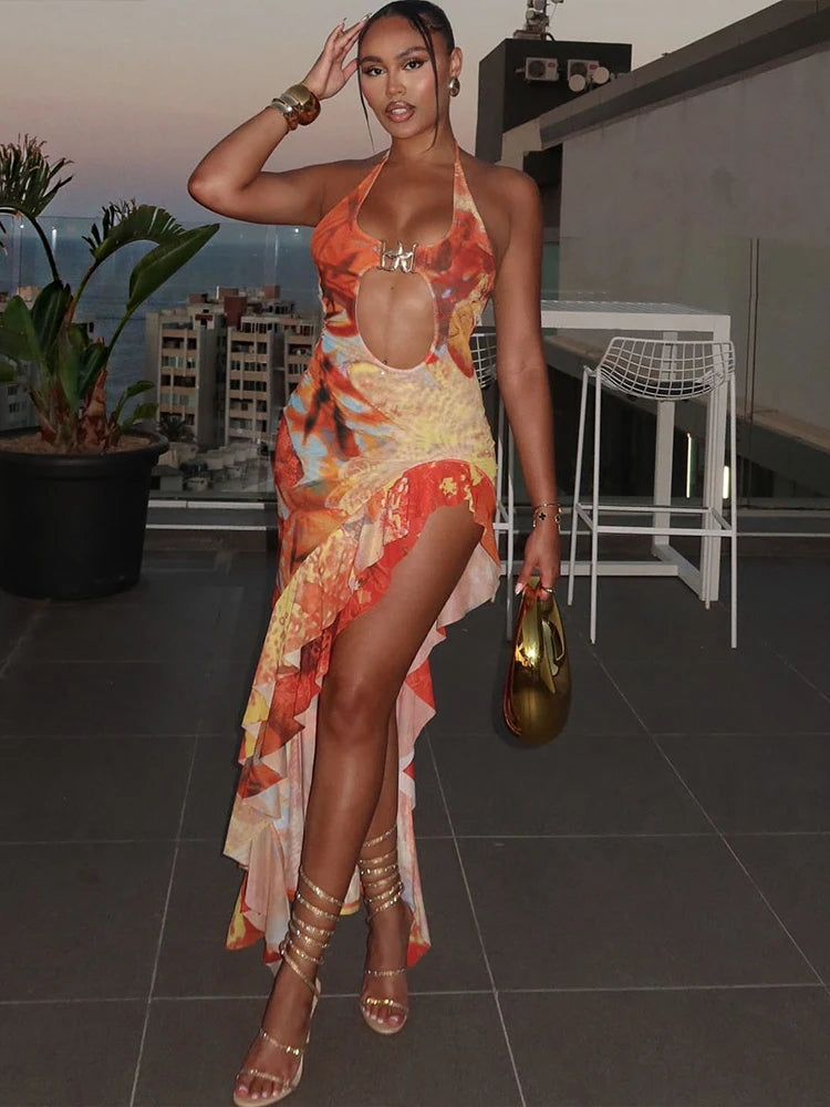 Weird Puss Halter Metal Buckle Dress Women Y2K Hollow Backless Summer Trend High Split Ruffles Sexy Elegant Bandage Maxi Bodycon