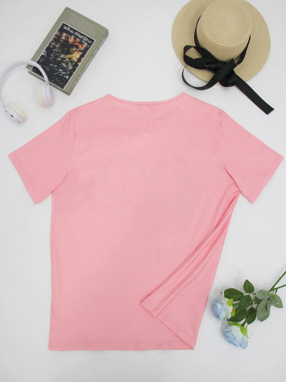 Plus size women's new pink heart-shaped elegant printed T-shirt   spring and summer leisure round neck short sleeve top
