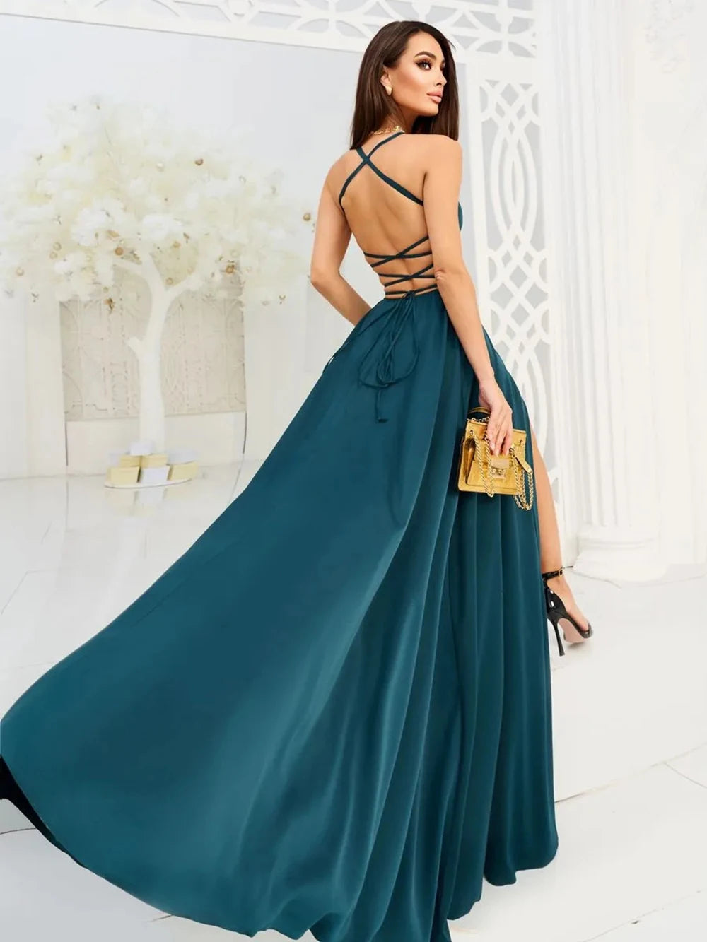 2025 & 2026 New Women's Halter Backless Sexy Slit Evening Dress For Party Banquet Birthday Party And Retro Clothing