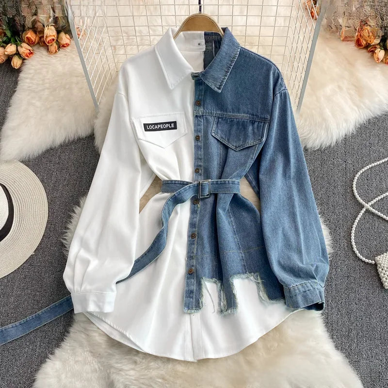 Slimming Denim Patchwork Lapel Dress Autumn Waist-fitted Medium-length Shirt