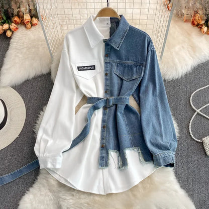 Slimming Denim Patchwork Lapel Dress Autumn Waist-fitted Medium-length Shirt