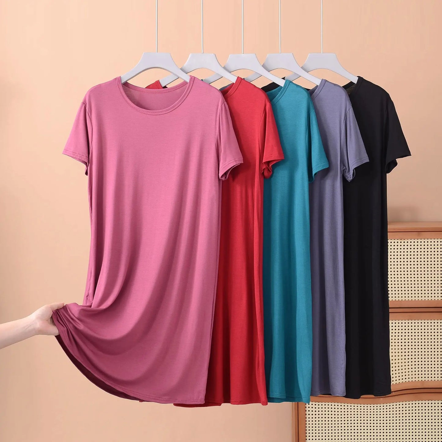 Plus size XL to 8XL Modal dress short sleeves summer women's cool dresses Solid color Bottomed sleepdress mid-length homewear