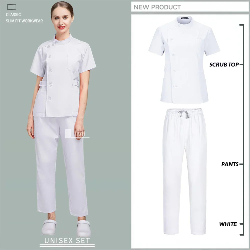Button Closure and waist retraction Scrub Set Medical Uniforms Nurse Clothes Women Round Neck Surgical Workwear Pair Dental Suit