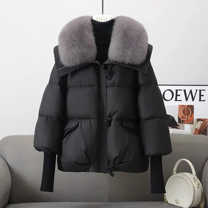 2025 Down Cotton Short Padded Jacket Women Parkas Fur Collar Autumn Winter Thick Coats Female Black Casual Outerwear Clothes