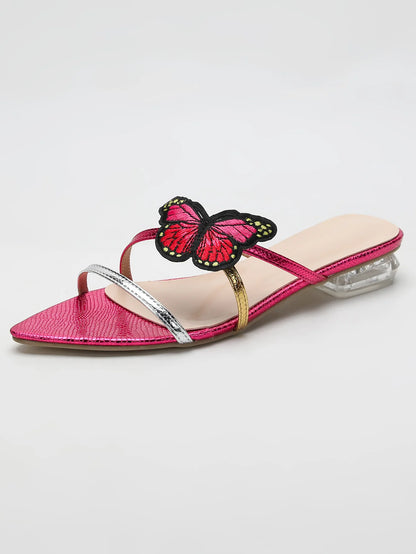 Women's flat slippers transparent heel sandals butterfly decoration one-strap slippers fashionable low heel sandals for women