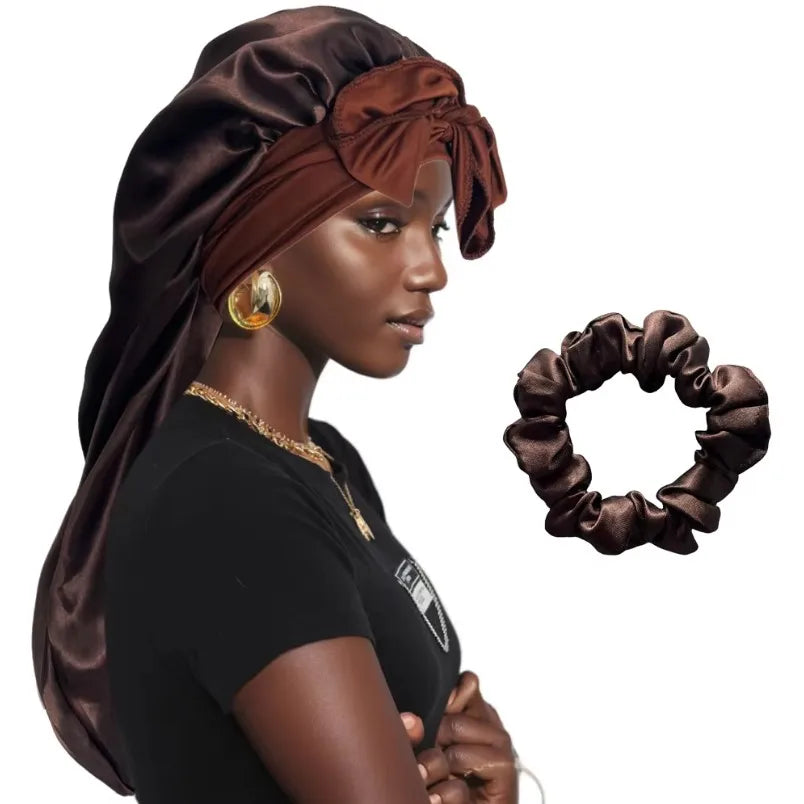 Women Bonnet Satin Sleeping Hat Long Tail Braid Hair Night Sleep Cap Head Cover Bonnets Shower Caps for Sauna Bathing Bonnet