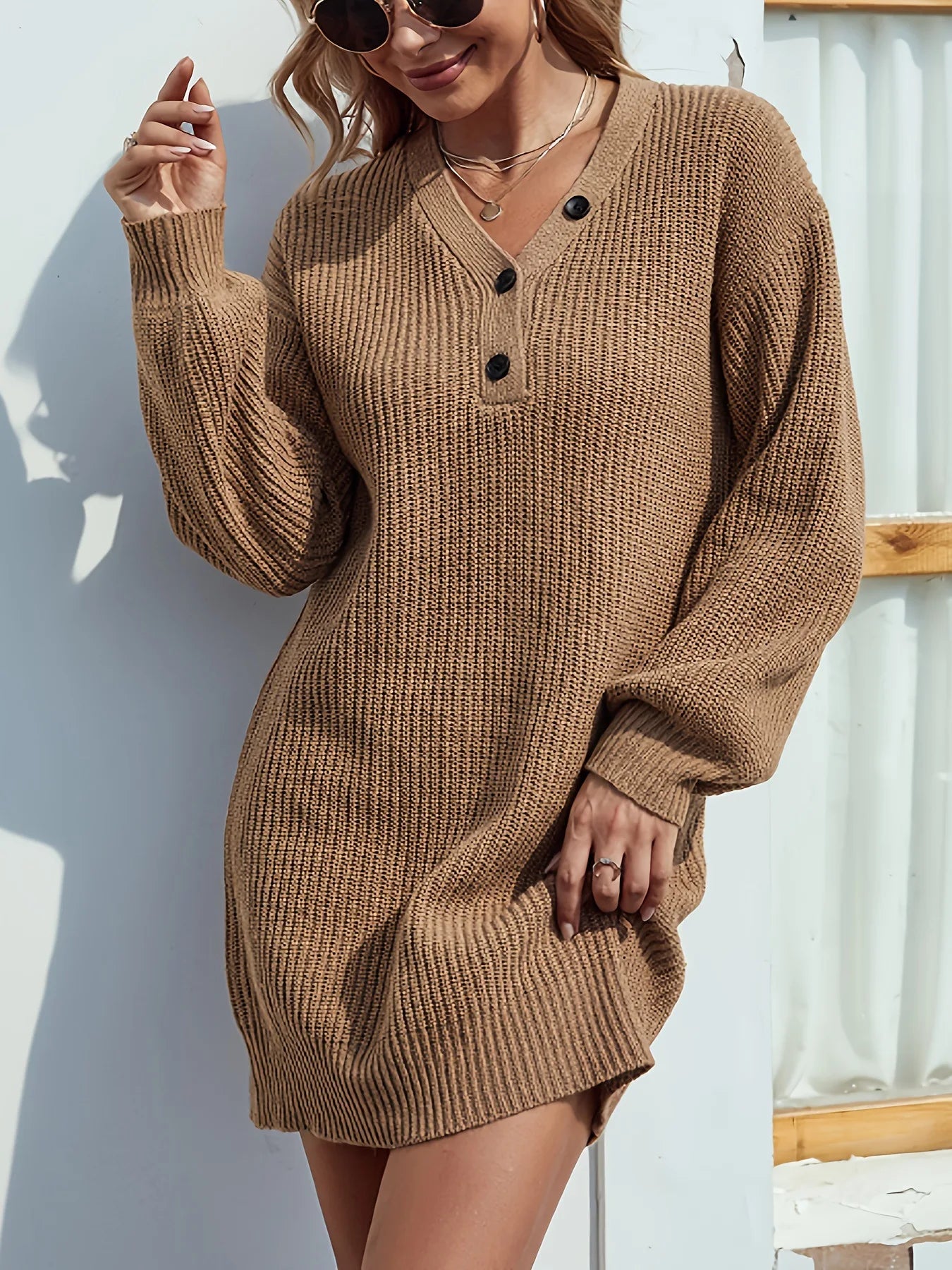 2025 Autumn Winter Loose Mini Sweater Dress Women V Neck Lantern Sleeve Knitted Dresses Streetwear Short Robes Jumpers