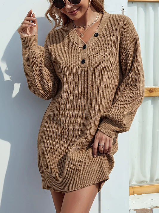 2025 Autumn Winter Loose Mini Sweater Dress Women V Neck Lantern Sleeve Knitted Dresses Streetwear Short Robes Jumpers