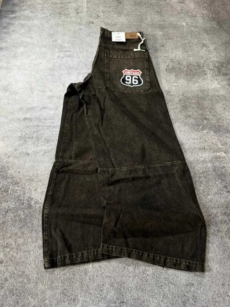 Street Vintage New Letter Embroidered Patch Yellow Washed Baggy Jeans Women Y2K Gothic Hip Hop Popular Couple Wide-leg Pants