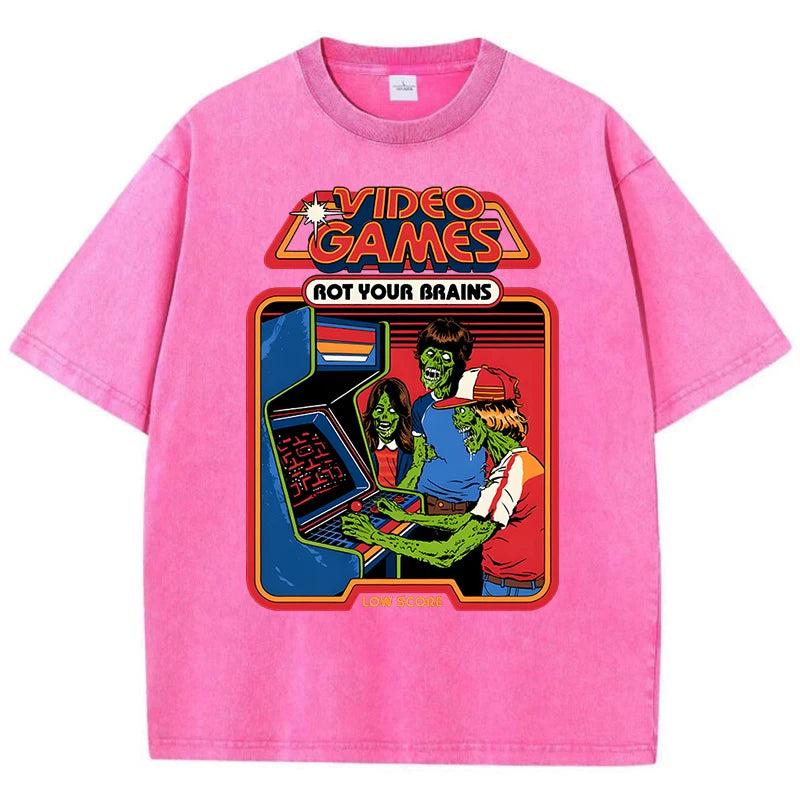 Video Games Rot Your Brains Washed Retro Mens T-Shirt Cotton Loose Tees Cotton Oversize Streetwear Breathable Tshirt Couple