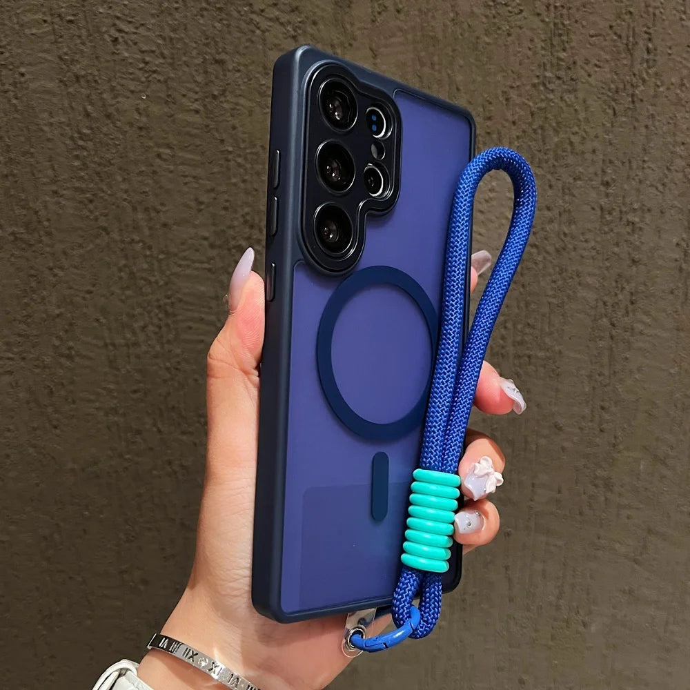 Wrist Strap Cord Magnetic Matte Translucent Armor Case For Samsung S25 Ultra S24 FE S23 Plus For Magsafe Wireless Charge Cover