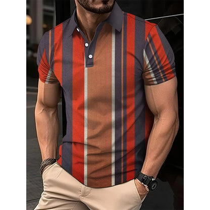 3D Print Colorful Color Block Polo Shirt For Men Stripes Pattern T-Shirts Summer Loose Street Lapel Top Button Short Sleeve Tees
