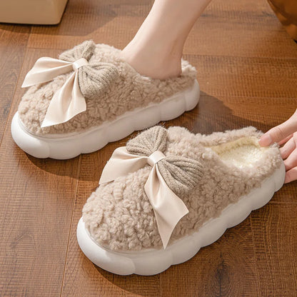 Cotton slippers for Women Autumn and Winter Thick Sole Indoor Home Warm Couples Shoes Bow Non-Slip Flat Platform Women's Slipper