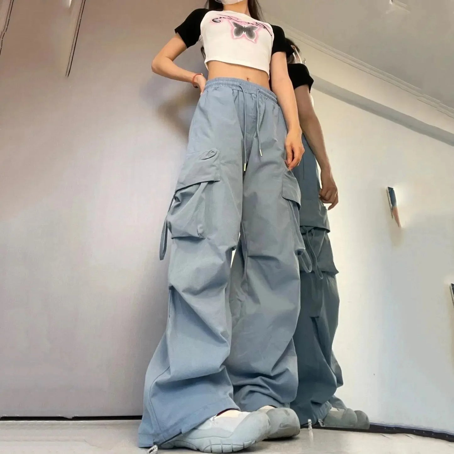 Loose Wide Leg Casual Pants Women's Workwear Trousers with Big Pockets Vintage Long Pants High Street Trend New 2025