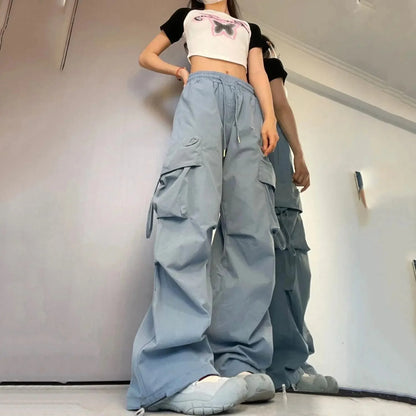 Loose Wide Leg Casual Pants Women's Workwear Trousers with Big Pockets Vintage Long Pants High Street Trend New 2025