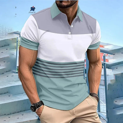 New Summer Striped Patchwork Striped Men's Polo T-shirt Fashion Lapel Button Sports Trend Street Wear Short Sleeve Top Men Shirt