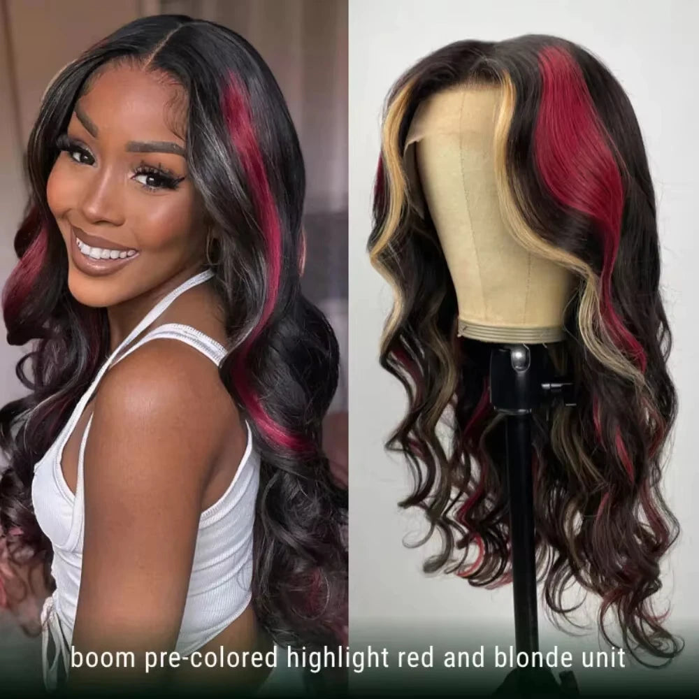 Black Red Blonde Highlights High Gloss Human Hair Wigs Body Wave Lace Front Wig 5x5 HD Lace Glueless Wig 180% Density 34 inch