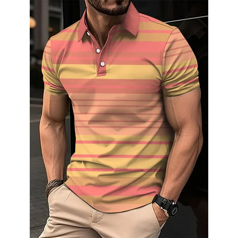 3D Print Stripes Color Block Polo Shirt For Men Colorful Pattern T-Shirts Summer Loose Street Lapel Top Button Short Sleeve Tees