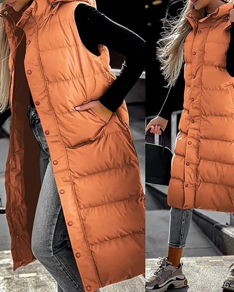 Women Solid Loose Zip Cardigan Parkas 2023 Autumn Winter Parkas Vest Coat Women Sleeveless Hooded Single Breasted Long Vest Coat