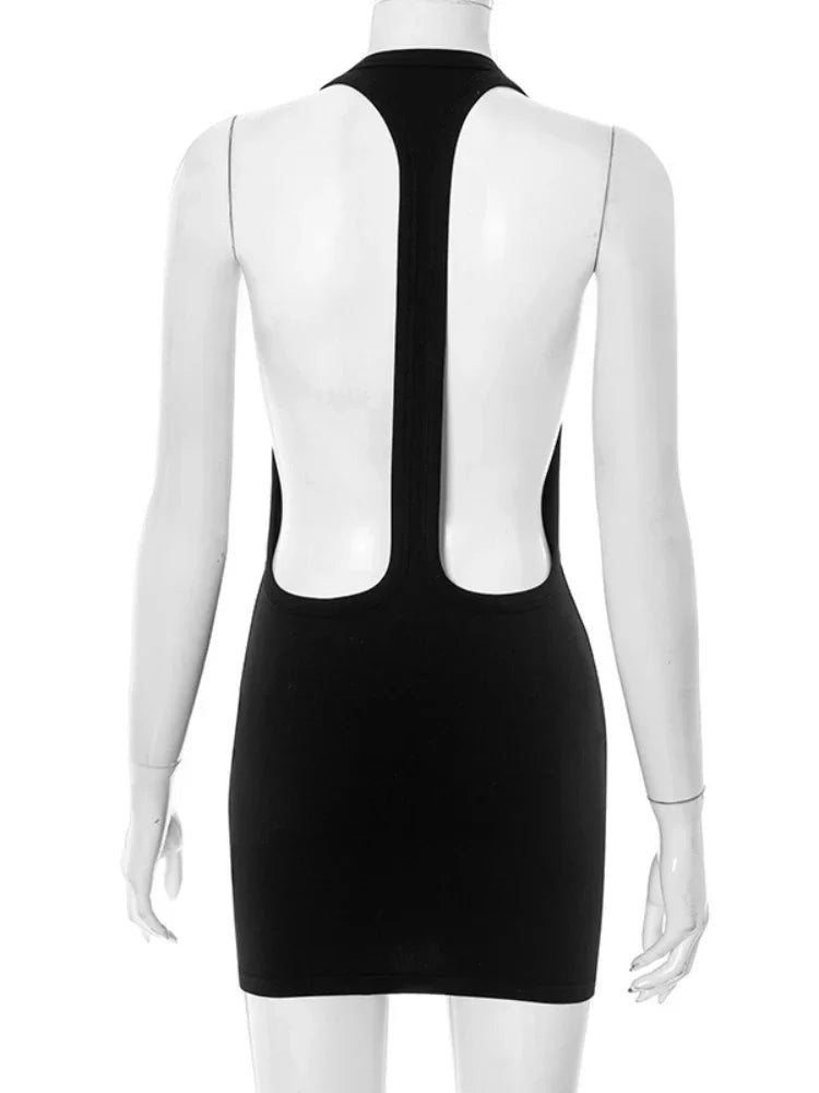 Woman Clothing Sleeveless Backless Solid Black Party Club Dress 2025 Summer Sexy Hollow Out Package Hip Mini Vacation Dresses