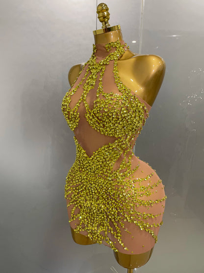 STOCK Sparkly Rhinestones Sexy Mesh See Through Dress Party Evening Prom Celebrate Birthday Dress Singer Dancer Show Stage Wear