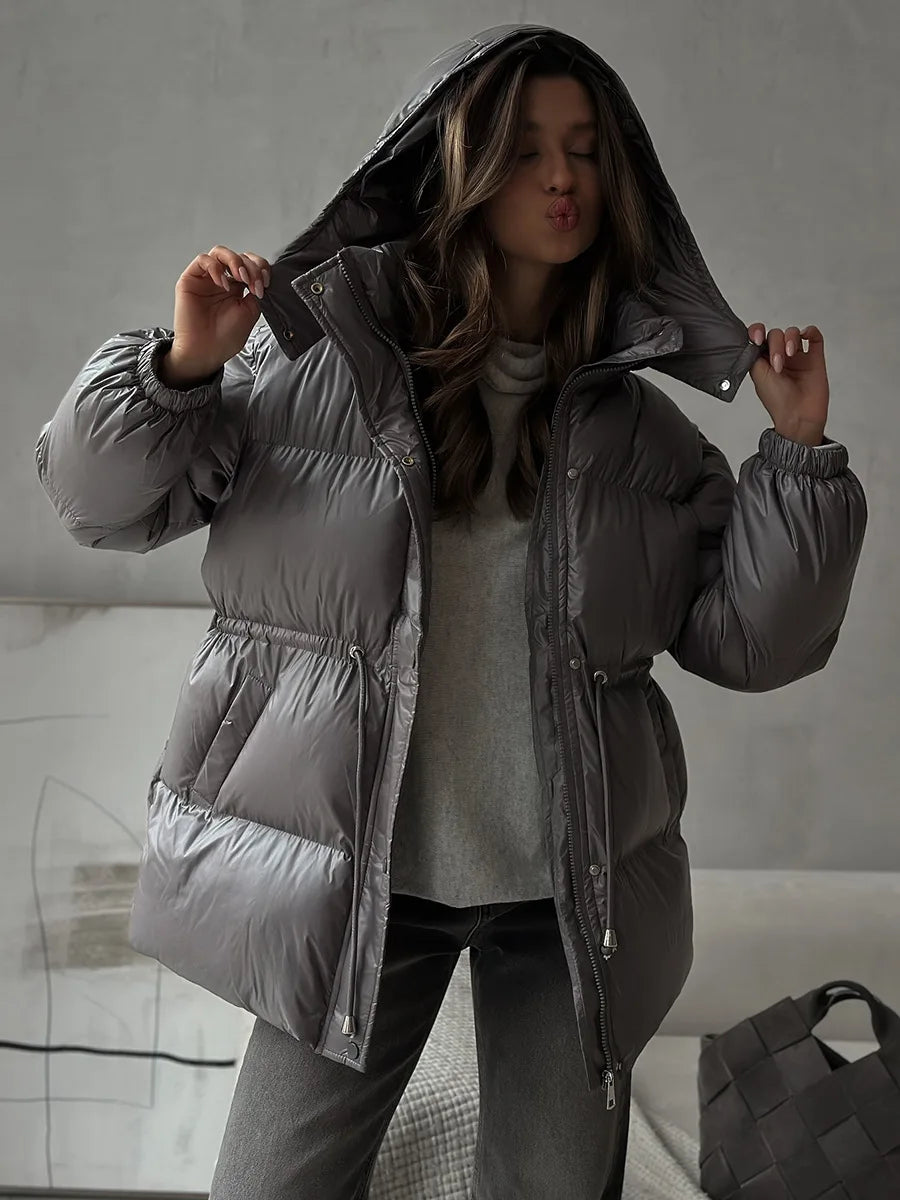 Bornladies Drawstring Slim Fit Cotton Jacket Women's  Winter New Hooded Zipper Cotton Robe Comfortable Warm Bread Jacket