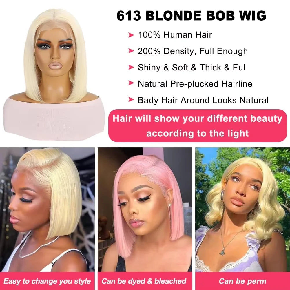 613 Blonde Bob Wig Human Hair Straight 12 Inch 180% Density 13x4 HD Transparent Lace Front Wigs Virgin Brazilian Hair For Women
