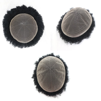 Men’s Toupee 6 Inch Human Hair Afro Curly Wig Full Lace Base 4mm Curls Natural Black 130% Density Breathable Replacement System