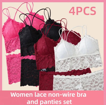 4pcs Sexy Comfortable Fashion Casual Lace Women's Underwear Set Gathered No Steel Ring Beautiful Back Bra Set Panty