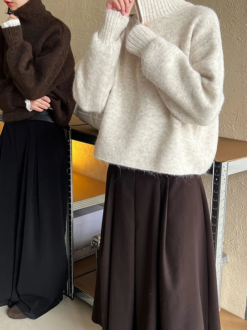 2026 Women Turn Down Collar Sweater Long Sleeve Zipper Design Warm Cardigans Clothes Tops For Women Winter Sweater Pull Femme