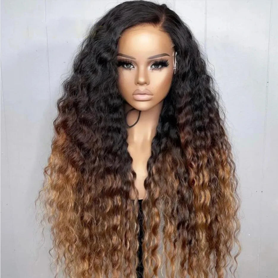 Soft 26Long Ombre Blonde Brown Kinky Curly 180Density Lace Front Wig For Black Women Babyhair SyntheticHeat Resistant Preplucked