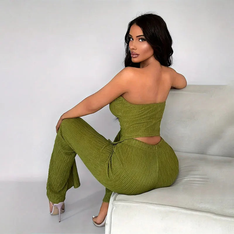 Elegant Women 2 Piece Set Midnight Striped Strapless Tube Bra Knitted Tank Top Bandage+Long Flare Pants Suits Vacation Clubwear