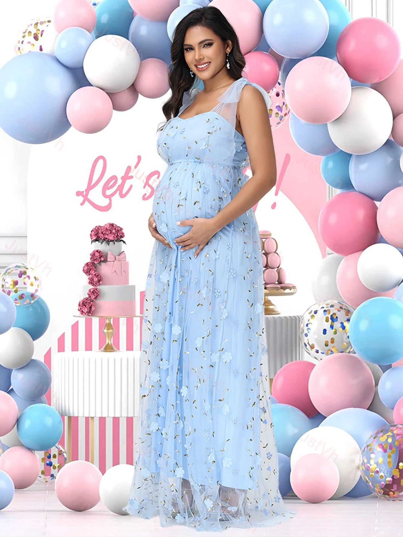 Maternity Photography Tulle Straps Evening Party Gowns Floral Embroidered Mesh Summer Long Dress for Baby Shower Photoshoot