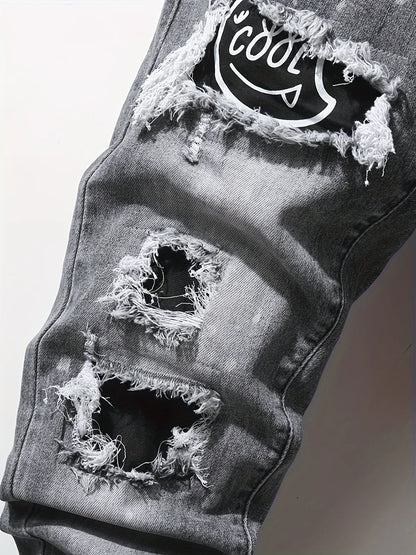 Men's slim fit ripped long denim pants, tight jeans with pockets, side straps, and zippers, men's jogging pants, ripped stretch