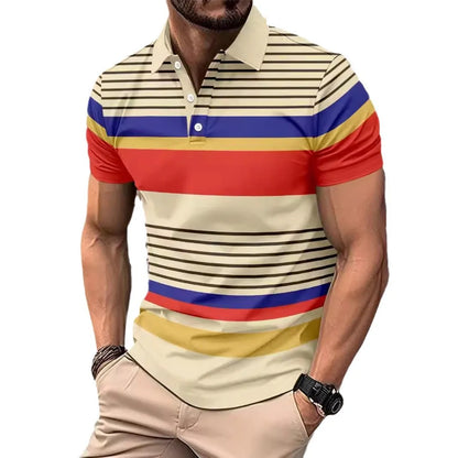 2025European and American ins cross-border 2024 summer new men's striped lapel short sleeved polo shirt casual contrasting polo