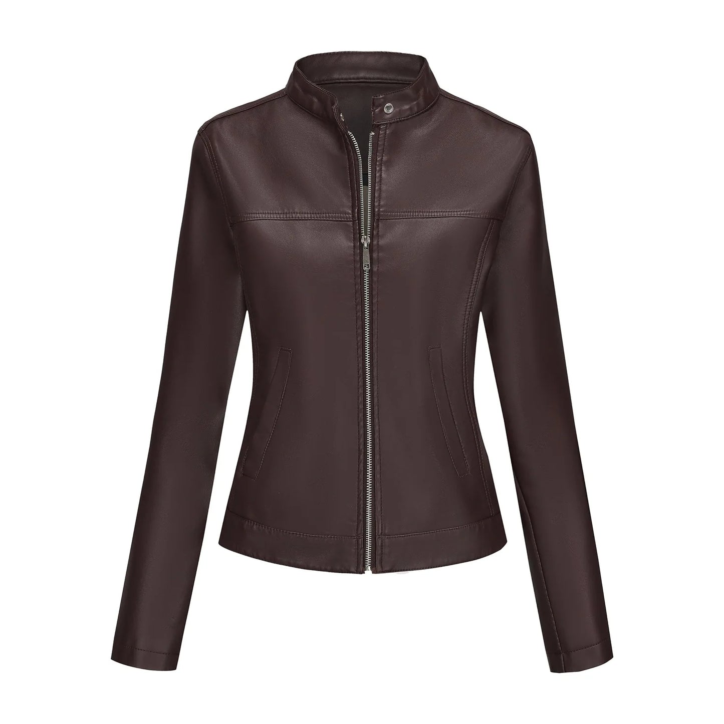 Black Women's Fitted Leather Jacket with Front Zipper & Side Pockets‌, Available in Brown, Navy Blue, and Beige.