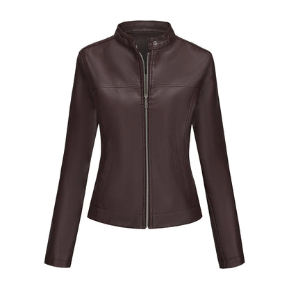 Black Women's Fitted Leather Jacket with Front Zipper & Side Pockets‌, Available in Brown, Navy Blue, and Beige.