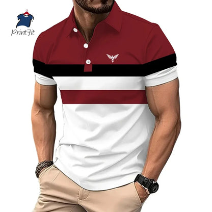 New Summer Striped Patchwork Striped Men's Polo T-shirt Fashion Lapel Button Sports Trend Street Wear Short Sleeve Top Men Shirt