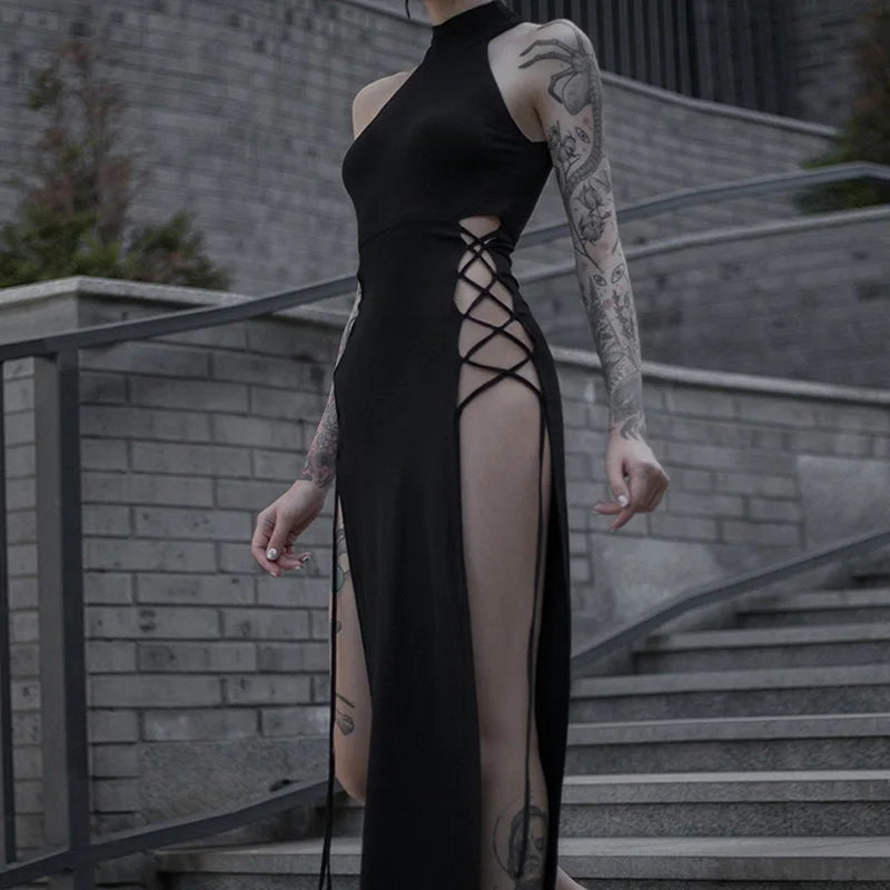 Goth Dark Cosplay High Split Sexy Bandage Women Dresses Y2K Mall Gothic Halter Slim Midi Dress Black Grunge Style Alt Partywear