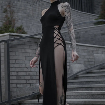 Goth Dark Cosplay High Split Sexy Bandage Women Dresses Y2K Mall Gothic Halter Slim Midi Dress Black Grunge Style Alt Partywear